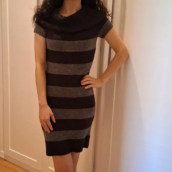 Love Rocks Cowl Neck Striped Short Sleeve Knit Sweater Dress - Picture 1 of 4